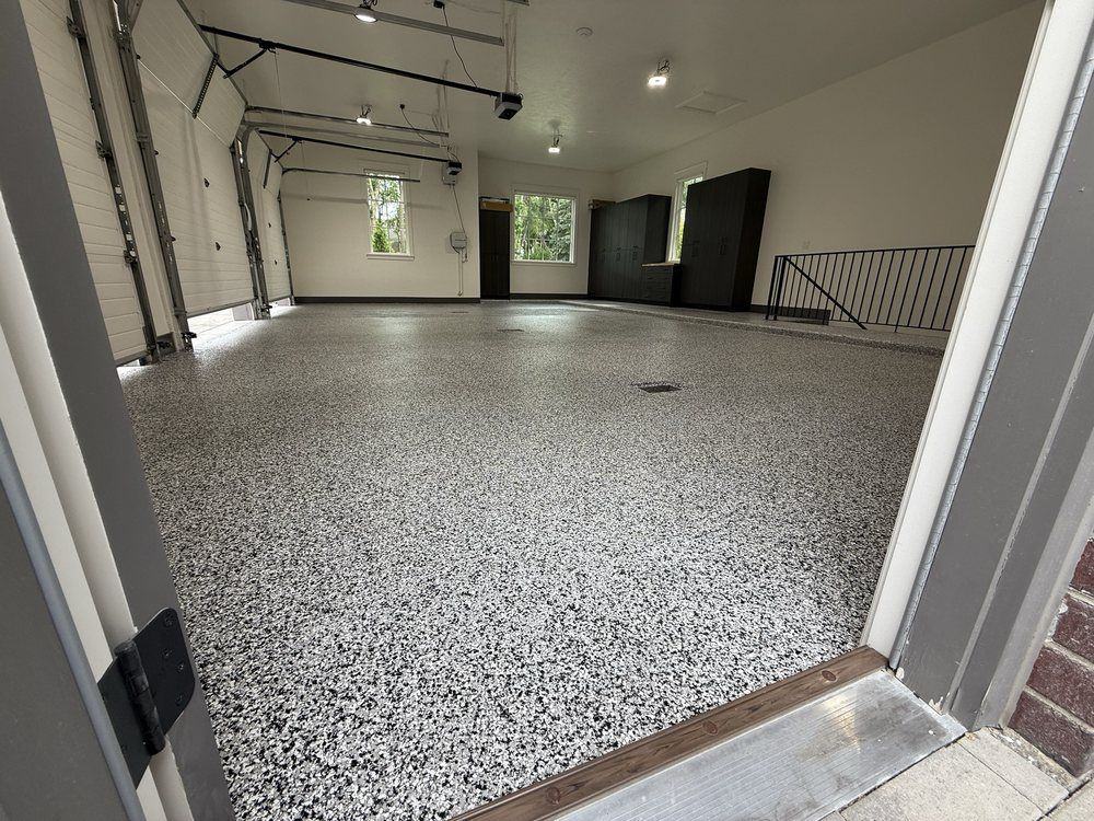 Full-flake garage floor seen from the garage door